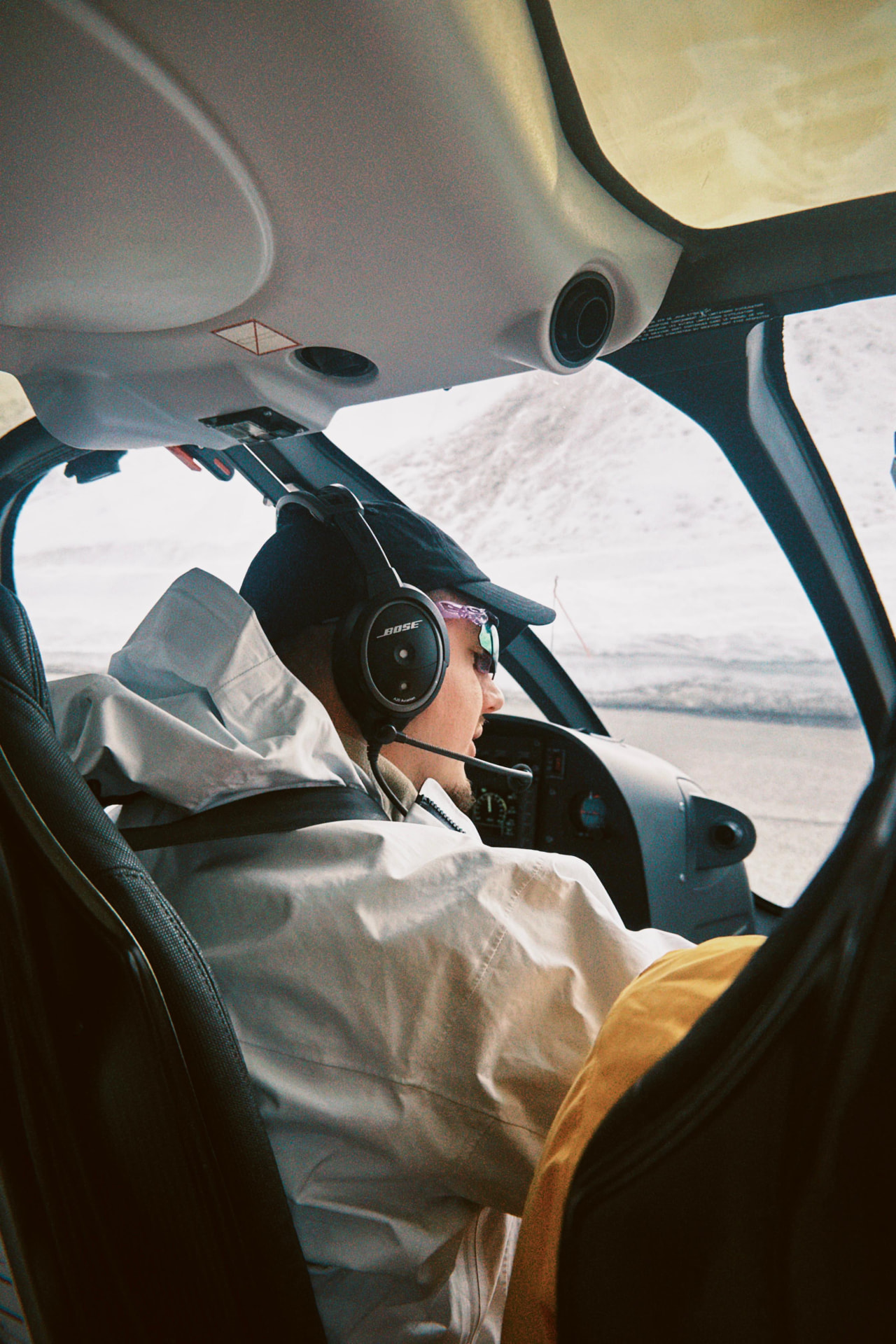 In the cockpit on the heli trip